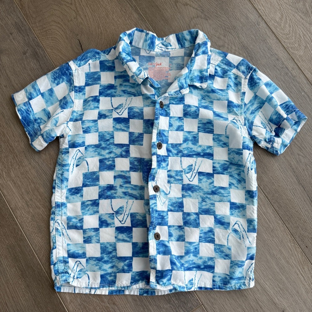 Cat & Jack Blue and White Checkered Kids Shirt with sharks size 5T